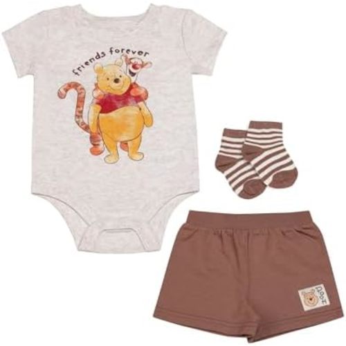 Magic Threadz Clothes Disney Baby Boys 3-Piece Short Set – Mickey, Pooh, Dumbo & Stitch Bodysuit, Shorts & Socks (0-9M)