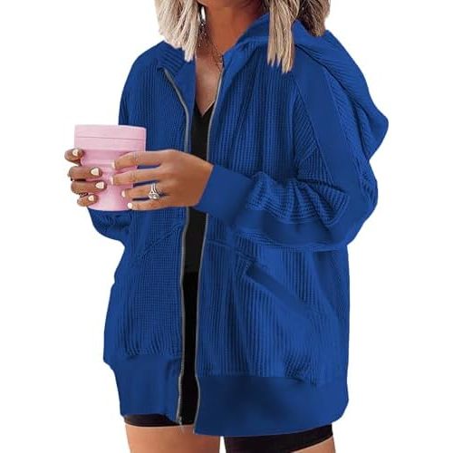 Womens Plus Size Hoodies Long Sleeve Zip Up Sweatshirt Waffle Knit Shacket Jacket Coat Outwear