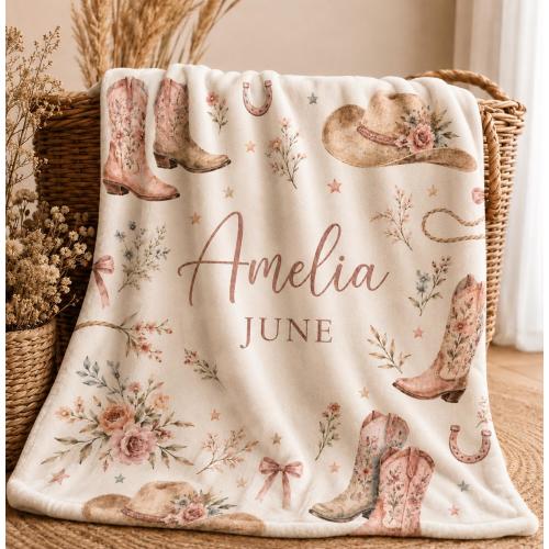 Personalized Western Baby Blanket, Custom Name Cowgirl Blanket, Floral Cowboy Boots Nursery Blanket, Baby Girl Shower Gift