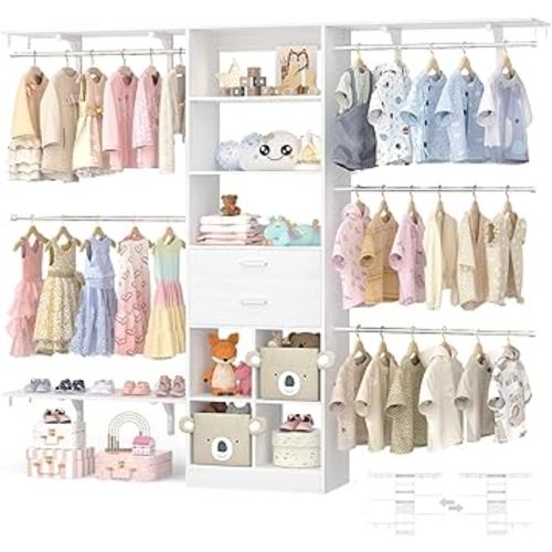 Closet System - 5-8FT Closet Organizer System with Wooden Drawers & Cube Storage Organizer, Up To 96" Closet Systems for Nursery & Walk-In Closets with Cuttable Hanging Shelving, White