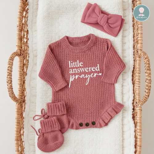 Embroidered Little Answered Prayer Knit Romper, Cute Heaven Sent Ruffle Romper, Religious Baby Shower Gift, Pregnancy Announcement
