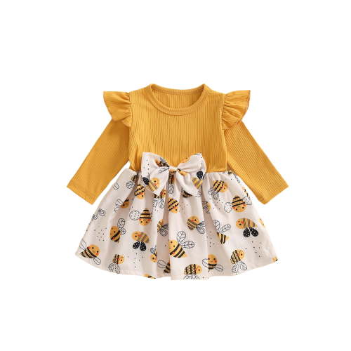 BemeyourBBs Baby Girl Bee Print Long Sleeve Dress for Infant Cute Toddler Outfit