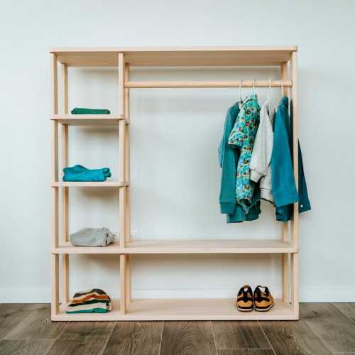 Solid Wood Montessori Wardrobe with Shelves