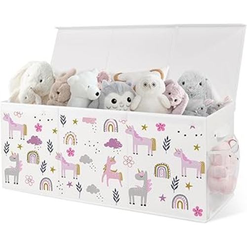 Extra Large Collapsible Toy Box with Lids, Sturdy Storage Organizer for Kids, 38"x16"x13" Toy Chest for Playroom, Nursery, Bedroom, Living Room (Flowers and Unicorns)