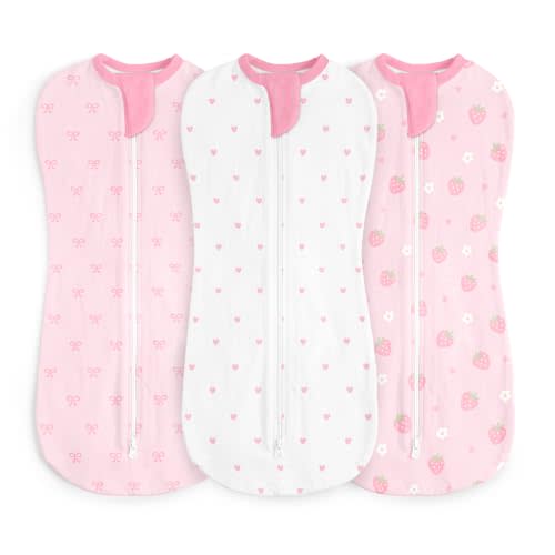 Baby Swaddle 0-2 Months, Cotton Arm-In Zipper Sleep Sack, Wearable Blankets Wrap for Newborn Infant Girls (Bow, Heart, Strawberry, Pack of 3)