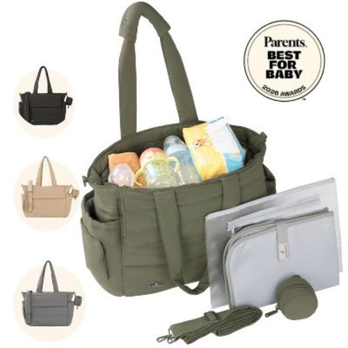 BabbleRoo Puffer Flo Tote Diaper Bag Chic Quilted Overnighter Baby Care Organizer Shoulder Bag, Seaweed Green