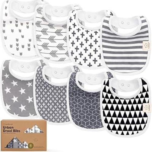 KeaBabies 8-Pack Organic Baby Bibs for Drooling and Teething (Grayscale)