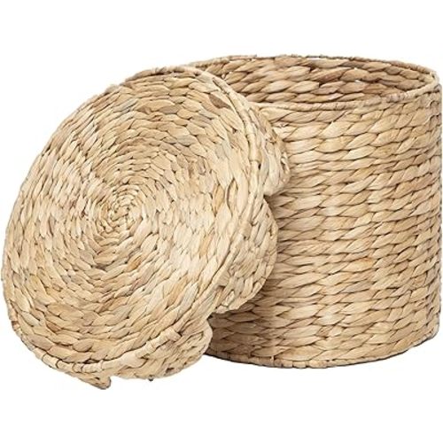 Round Wicker Laundry Hamper with Lid, Natural Water Hyacinth Woven scalloped basket, Space-Saving for Dirty Clothes - Bedroom & Bathroom (Small)