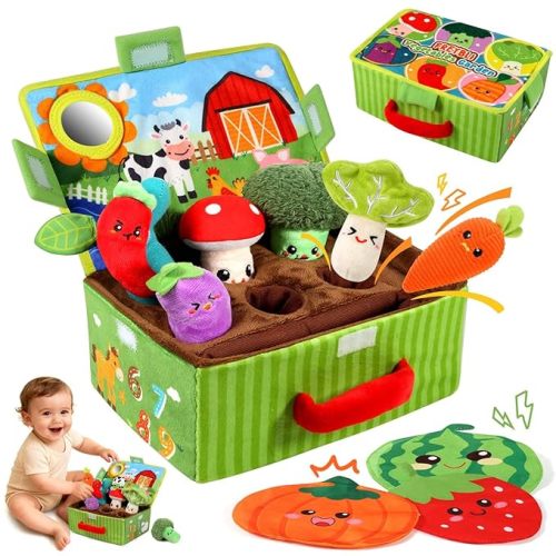 FREYBLI Baby Toys 6-12 Months - Soft Vegetable Garden Plant Plush Toy - 6 Month Old Boy Girl Toys Gifts Easter Basket Stuffers, Montessori Sensory Toy with Rattles, Mirror, Squeaker, Textures, Crinkle