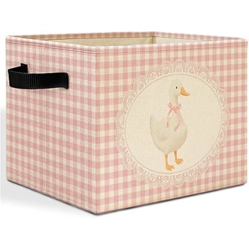 Pink Bow Goose Gingham Plaid Storage Bins Box with Handles, Coquette Cute Goose Checkered Laundry Basket Hamper Collapsible Clothes Toys Organizer for Nursery Girls Bedroom Bathroom