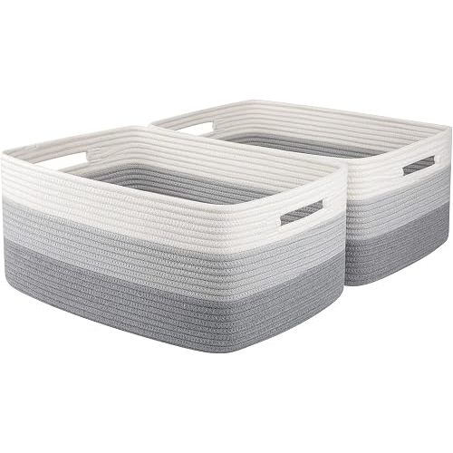OIASKET Large Storage Basket for Organizing, Woven Rope Basket for Shelves, Closet Organizer Bins for Clothes, Blanket, Toys, Baby Nursery Storage, 17.7" x 13" x 7.87", 2 Packs Gradient Grey
