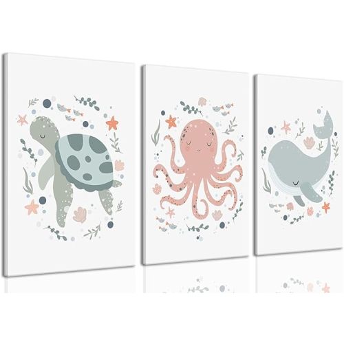 Wodkwq Ocean Nursery Canvas Wall Art,Nursery Wall Decor,Kids Bathroom Decor,Under The Sea Picture,Boys Room Sea Animal Prints Set of 3,Bedroom 12x16 Inch Framed