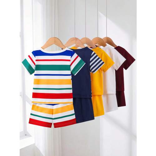 SHEIN Playful Pals 2pcs/Set Infant/Toddler Boys' Casual Solid Color Daily Wear Round Neck Short Sleeve T-Shirt And Shorts Set, 5 Color Combination, Suitable For Summer