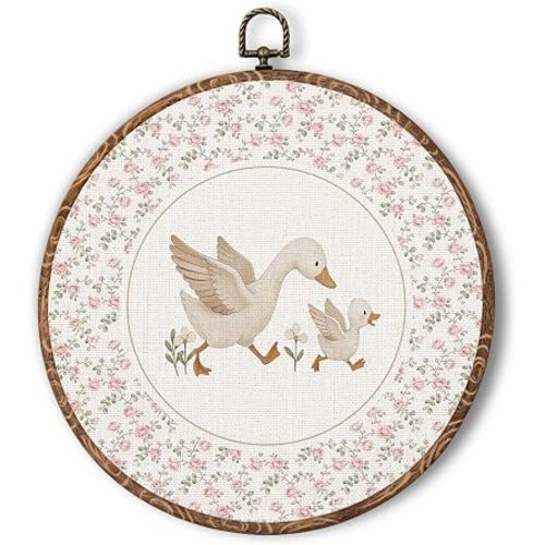 Saikociju Cottagecore Mother Goose Gosling Round Wall Art Decor, Vintage Pink Floral Goose Framed Hanging Wall Prints Artwork for Girls Kids Nursery Bedroom Home Decorations, 10x10 Inch