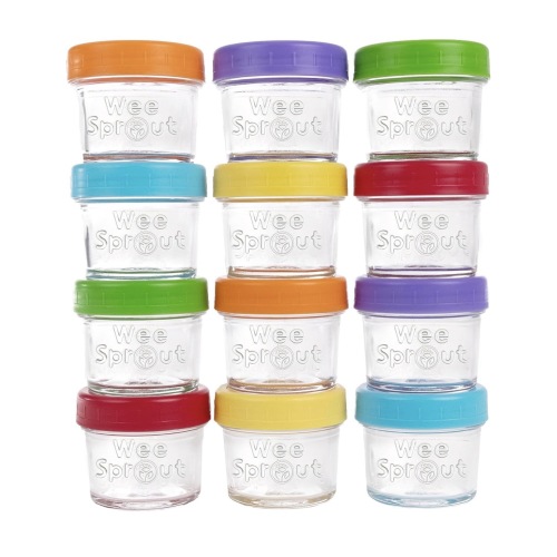 WeeSprout Baby Food Storage Glass Jars w/Lids (4 oz, 12 Pack) Bright Variety, Snack, Reusable Small Containers, Fridge or Freezer, Microwave & Dishwasher Safe, Essentials for Infants