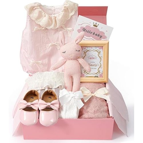 Golray Newborn Baby Girl Gifts New Born Cloths Baby Shower Gift with Bodysuit Cloth Soft Shoes/Socks/Blanket/Headband/Crochet Rabbit Toy/Greeting Card, New Born Essentials Baby Girl Gift Basket Stuff