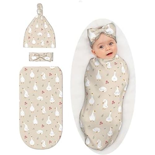 Goose Baby Stuff Swaddle Blanket, Newborn Swaddle Wraps with Hat and Bow Set Outfit Infant Shower Gift for Boys Girls