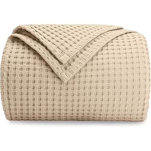 Comfy Cubs 100% Cotton Waffle Weave Throw Blanket Breathable Skin-Friendly Soft Lightweight Blankets - Perfect Warm Textured Blanket Layer - Size for Couch Bed & Sofa (Sand, 50" X 60")