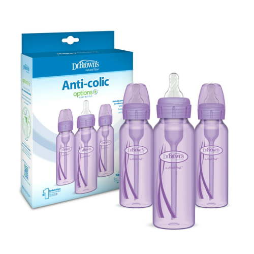 Dr. Brown's Options+ Anti-Colic Baby Bottles with Level 1 Nipples, Purple 3 Pack 8 oz, 0 mo+
