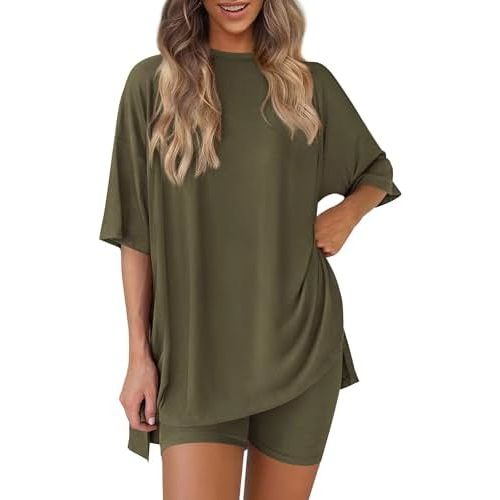 PRETTYGARDEN Women's Two Piece Lounge Set 2026 Summer Casual Oversized Shirts Biker Shorts Matching Airport Travel Outfit