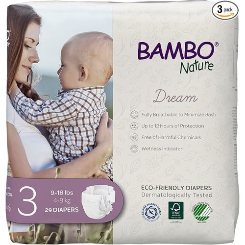 Bambo Nature Hypoallergenic Dream Baby Diapers, Premium Eco-Labeled Sustainable Diapers, Enhanced Leakage Protection, Totally Chlorine-free, Skin Friendly, and Super Absorbent - Size 3 (87 Count)