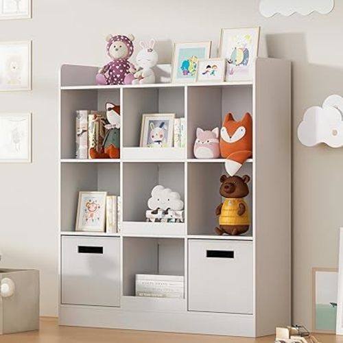 Housoul Kids Bookshelf, Toy Storage Organizer with Fabric Drawers, White