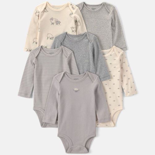 Baby 6-Pack Sheep Long-Sleeve Bodysuits - Grey/White | Carter’s Oshkosh Canada