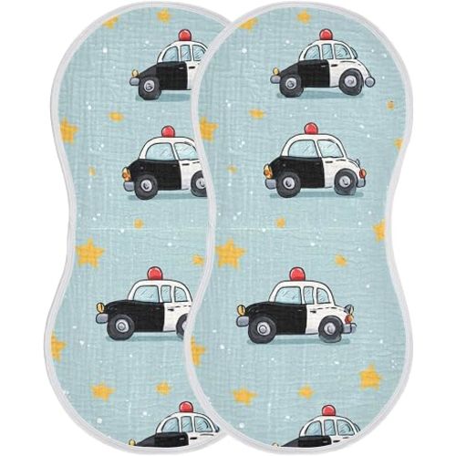 Cute Police Car Pattern Burp Cloths Baby Boys Girls Absorbent Soft Cotton Burping Cloths Rags 2 Pack