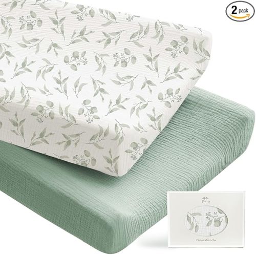 Konssy 2 Pack Muslin Changing Pad Covers for Boys, Ultra Soft & Breathable Cotton Baby Diaper Changing Table Covers, Neutral Nursery Diaper Changing Pad Sheets (Green, Green Leaves)