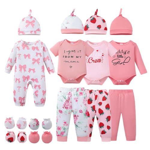 KIMI BEAR Preemie Baby Girls Layette Set 4 Packs Shower Gifts Essential Clothing Short Sleeves Long Sleeves Romper Top Pants and Bodysuit with Hats and Gloves 15pcs Clothes Pink