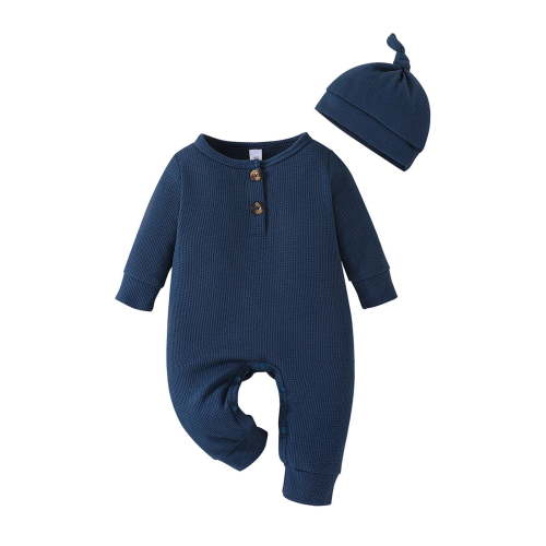 TFEOQRY Infant Boys and Girls Cotton Romper Set Solid Color Long Sleeve Round Neck Jumpsuit Romper and Hat Set Dark Blue