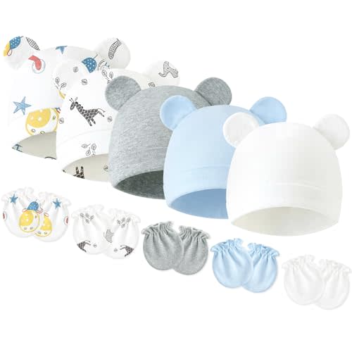 Newborn Baby Hats and Mittens Set, Cotton Infant Baby Boy Girl Bear Ears Caps and Mittens for 0-3 Months
