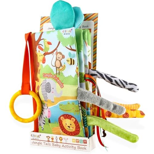 Jungle Tails Baby Activity Book, 3D Touch and Feel Crinkle Cloth Books, Montessori Activity Book for Fine Motor Skills