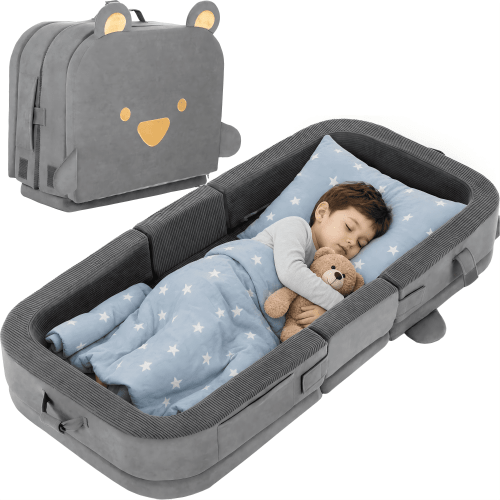 LIFERUN Foldable Toddler Travel Bed, Portable Toddler Floor Bed for Baby and Kids Aged 1-4, with Washable Cover, Safety Rail, for Home, Hotel, Camping
