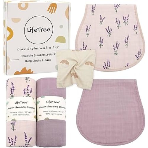 LifeTree Baby Swaddle Blankets 2 Pack and Burp Cloths 2 Pack Set, Muslin Swaddling Wrap Receiving Blanket for Newborn, Organic Cotton, Large 47" x 47", Lavender and Mauve