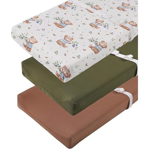 Changing Pad Cover Set 3 Pack Jersey Knit Ultra Soft for Baby Boys Girls Brown/Light Green/Bear Leaf