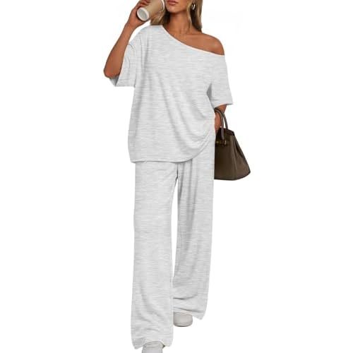 Trendy Queen Womens 2 Piece Lounge Sets Airport Travel Casual Outfits Off Shoulder Oversized Tshirts and Wide Leg Pants 2026