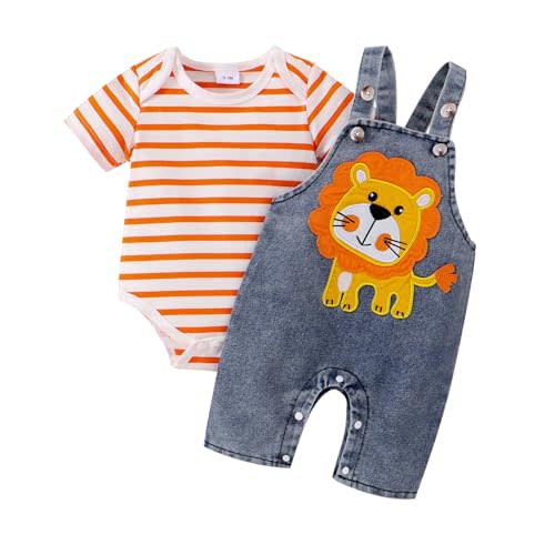 ODIMAME Baby Boy Clothes Newborn Striped Romper Summer Outfits + Infant Cartoon Animals Jeans Suspender Overalls 0-18 Months