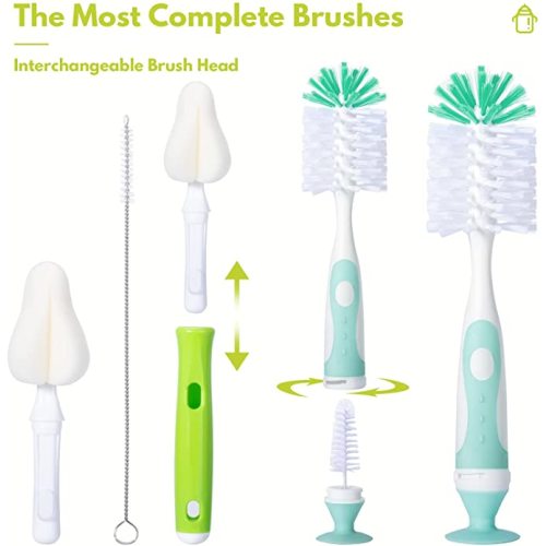 Baby Bottle Brush with One Base Hidden Nylon Nipple Cleaner, 2 Pcs Sponge Nipple Brushes, 2 Pcs Straw Brushes, Bottle Brush with Nipple Cleaner and Stand, Bottle Brush with Suction Cup, Green