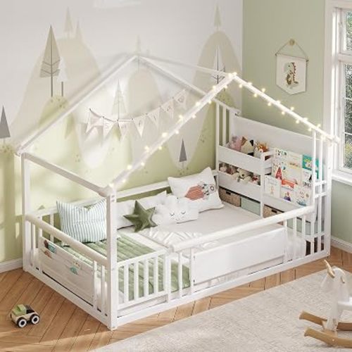 DICTAC Twin Montessori Floor Bed with Storage Bookshelf and Globe String Lights House Shaped Floor Bed for Kids with Safety Guardrail & Solid Wood Slats,Kids floor Twin Beds with Storage Pockets,White