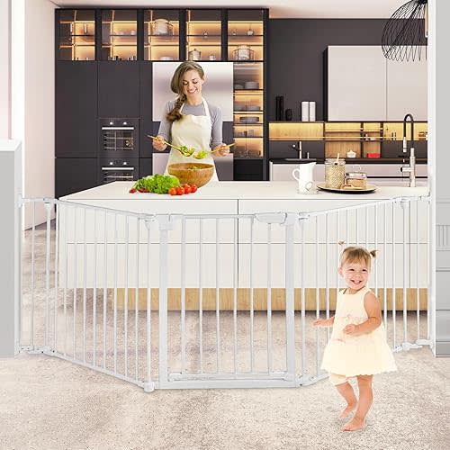 Extra Wide Baby Gate, 30" Tall 71" Wide Configurable Baby Gate Fireplace Safety Fence, Metal Pet Safety Playpen for Toddler/Pet/Dog Christmas Tree Fence (Whtie,3-Panel)
