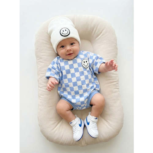 LUCKY PANDA KIDS Short Sleeve Bubble Romper | Checkered Smiley Blue - Shop