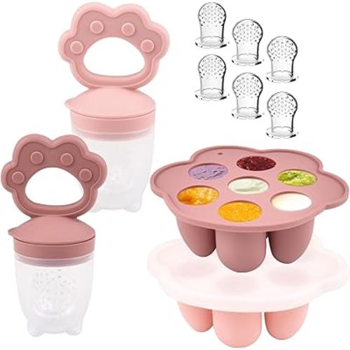 Ginbear Silicone Baby Fruit Food Feeder & Freezer Tray (Set of 2), Infant Teething Feeder Pacifiers with Baby Popsicle Molds Combo 4 Months+ (Mauve/Baby Pink)