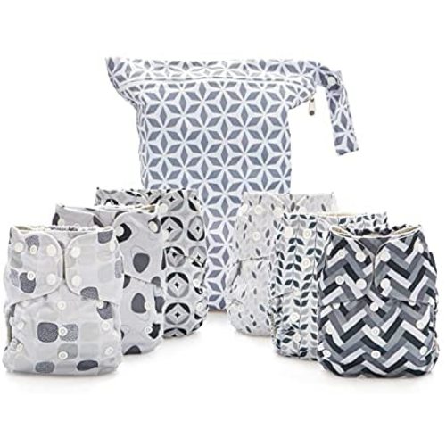 Simple Being Reusable Cloth Diapers- Double Gusset-6 Pack Pocket Adjustable Size-Waterproof Cover-6 Inserts-Wet Bag (Retro)