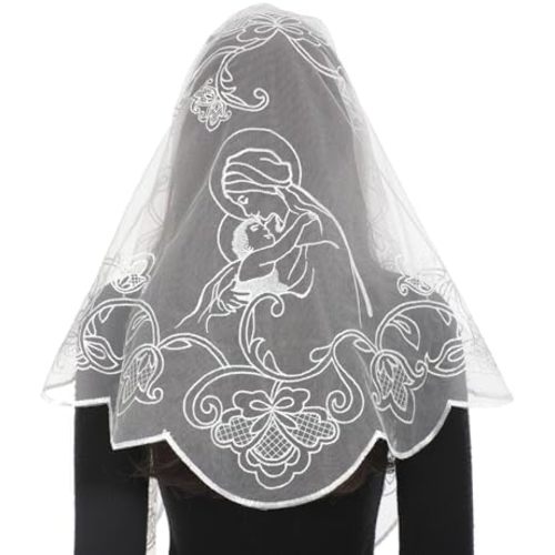 Bozidol Mantilla Veils for Church Catholic, Triangle Virgin Mary and Child Chapel Veil, Latin Mass Head Coverings for Women