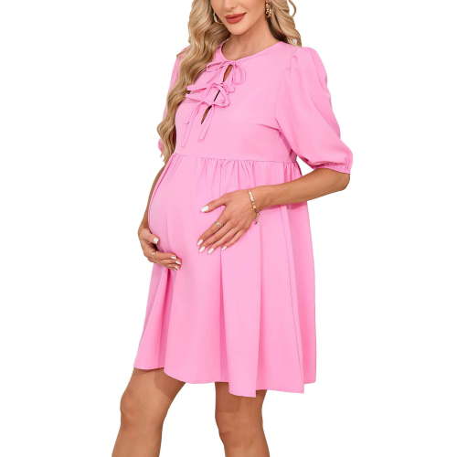 Deago Women's Short Puff Sleeve Maternity Dress Crew Neck Summer Casual Tie Front Loose Flowy Pregnancy Dresses for Baby Shower (Pink, L)