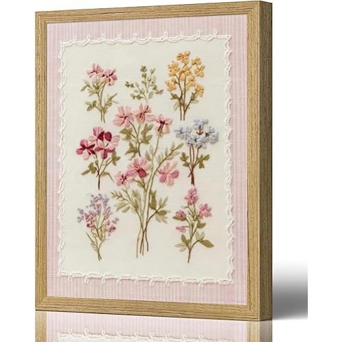 Framed Pink Wildflowers Canvas Wall Art Floral Nursery Painting Picture Wall Decor Boho Minimalist Floral Poster Print Artwork for Girl‘ Room Nursery Bedroom Guest Room Home Decoration,8X10 Inch