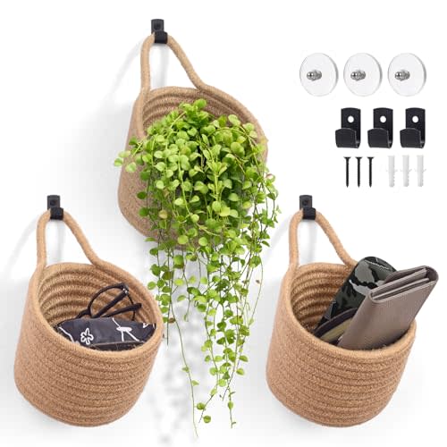 Fabric Wall Hanging Baskets - 3Pack Woven Pouchs Boho Style Wall Mounted Bag with Adhesive Hooks, Storage Organizers and Decoration Pocket Caddy Bins on Door Rack (Linen & Black, Large)