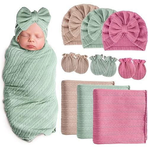 Newborn Receiving Blanket with Bow Hat Mittens Set Wheat-Pattern Newborns Toddler Baby Boy Girl Nursery Swaddle Wrap