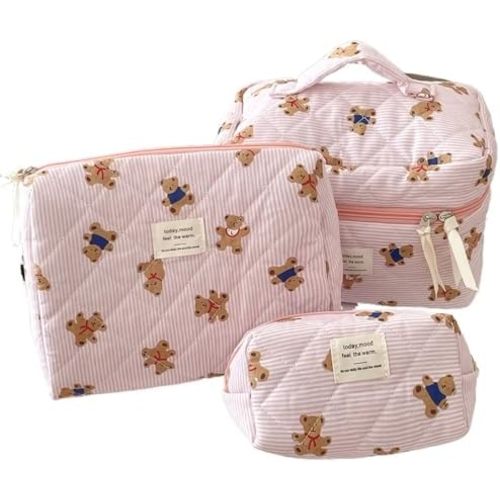Women Adorable Quilted Fabric Cosmetic Bag Set, 3-Piece Cartoon Bear Makeup Organizer with Zipper, Easy Travel Home Storage (Pink)